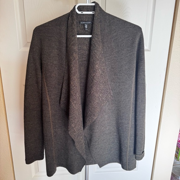 Eileen Fisher Open Front Waterfall Cardigan Merino Wool Long Sleeve Minimalist - Picture 2 of 6